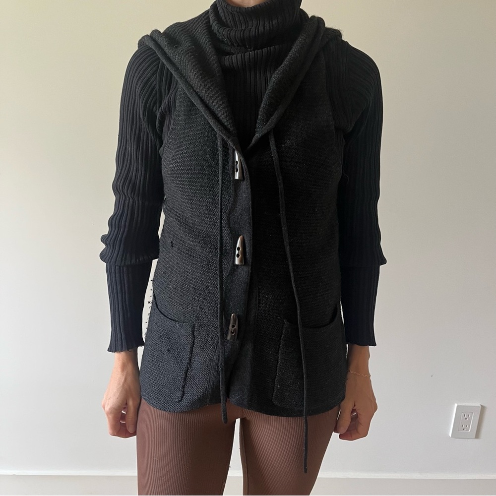 Splendid Black Hooded Knit Vest Cardigan